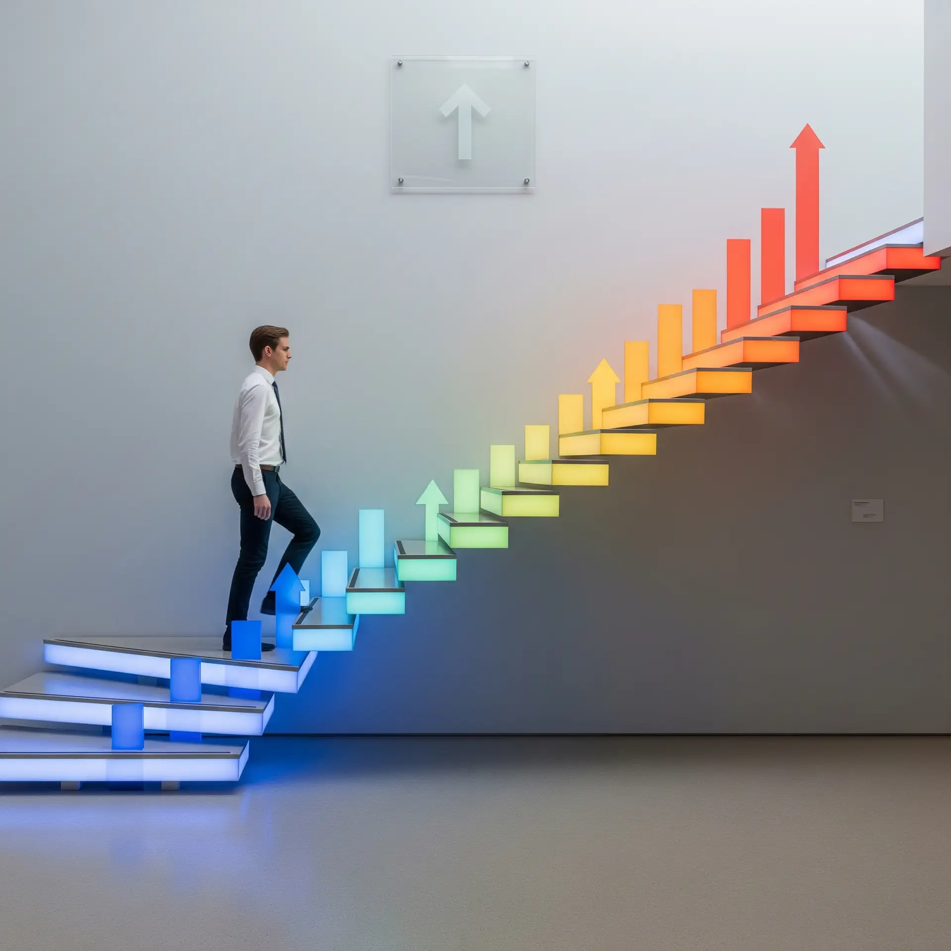 PERFORMANCE MARKETING & ANALYTICS CONCEPT PICTURE OF A MAN CLIMBING A PERFORMANCE COLORED LADDER GETTING TO SUCCESS