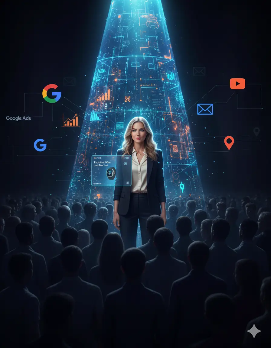 AI MARKETING SERVICES PORTRAYING A photorealistic blonde woman in a business suit stands illuminated by a vibrant, geometric blue digital spotlight, smiling subtly as she interacts with a holographic interface displaying 'Executive Offer: Just For You!'. She is surrounded by a vast, blurred crowd of silhouetted figures in a dark background. Subtle, glowing logos of Google Ads, Google Analytics, Gmail, Google Calendar, YouTube, Google Search, and Google Maps are integrated into the shadowy areas, connected by digital lines, symbolizing AI-driven personalized marketing."