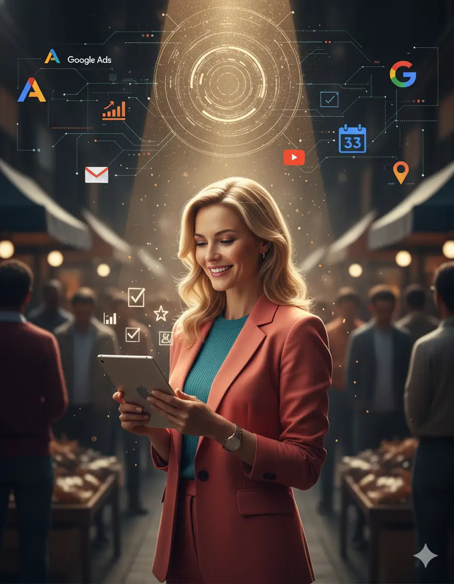 UNHOOKED AI Marketing Agency hero photo consisting on A photorealistic image depicts a tall, blonde woman in her mid-30s, styled to appear highly successful, standing amidst a vast, diverse crowd. She is illuminated by a digital "smart spotlight" that forms a parametric tessellated light pattern, symbolizing AI-driven precision in marketing. The woman wears a modern, elevated coral-colored tailored suit with a fine knit teal top, minimal jewelry, and a premium watch. She has soft wave hair and polished, natural makeup, with a genuine, relaxed smile as she looks at an iPad Pro held in her hands. Around her, 6-9 translucent, abstract glyphs float, representing personalized offerings without legible text. In the shadowy background, subtly integrated and glowing, are the recognizable logos of Google Ads, Google Analytics, Gmail, Google Calendar, YouTube, Google Search, and Google Maps, interconnected by glowing lines. The lower half of the environment hints at a marketplace with awnings and stall edges in bokeh, while the upper half suggests a digital landscape with graph arcs and data ribbons. The overall palette features ink charcoal, warm aubergine, and teal, with the spotlight in light champagne-gold with a faint pearl-blue rim. The image is captured with an 85mm full-frame prime lens, f/2.8, ISO 100, 1/200s, at eye-level with the hero, who is tack-sharp against a creamy bokeh crowd.