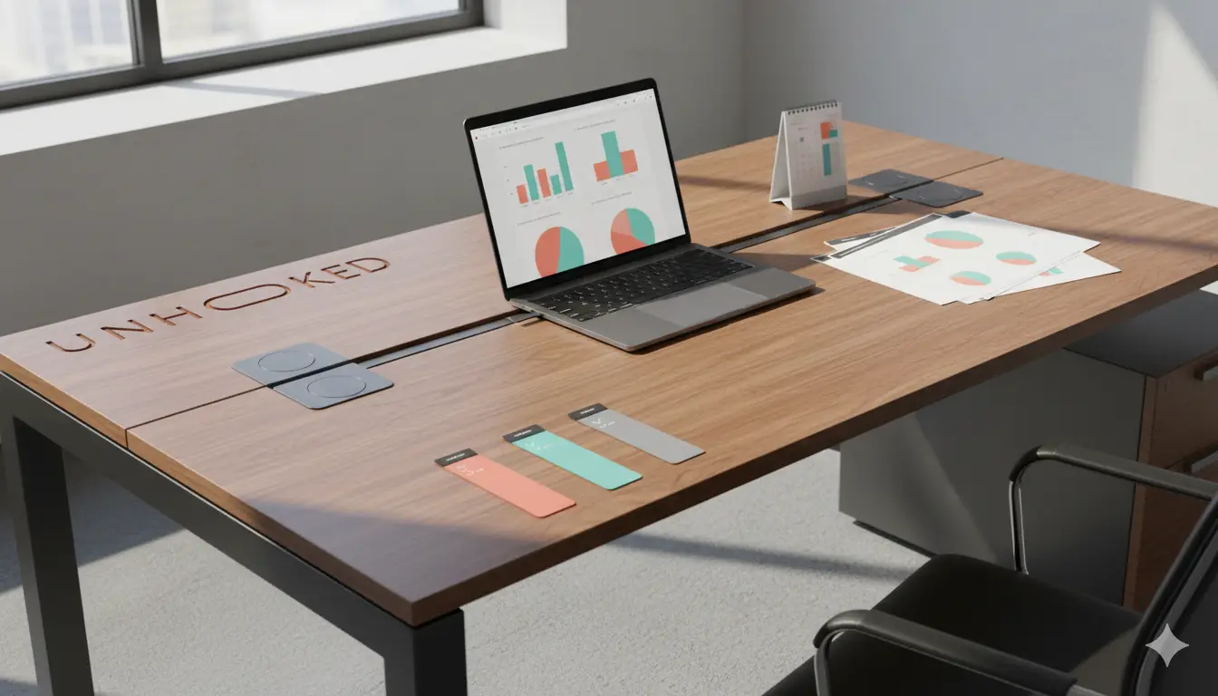 Operator desk with generic dashboard, KPI printouts, and slim checklist tabs.