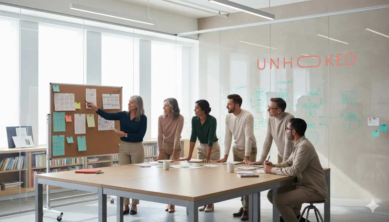 Sunlit studio with a collaborative table and mood boards, team discussing work.
