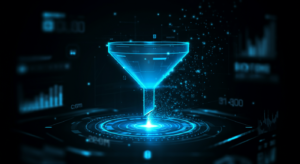 AI lead qualification funnel with data particles