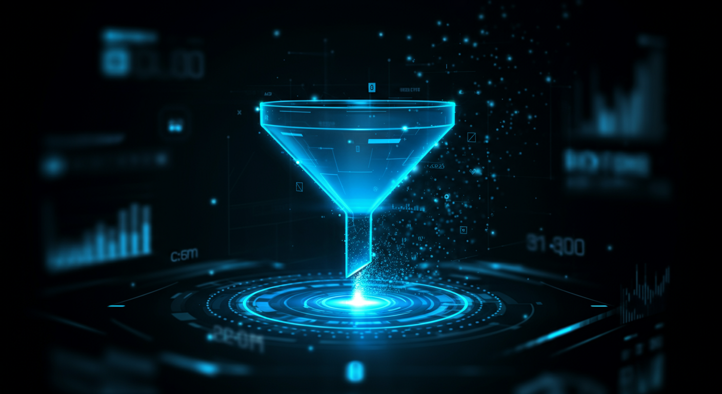 AI lead qualification funnel with data particles